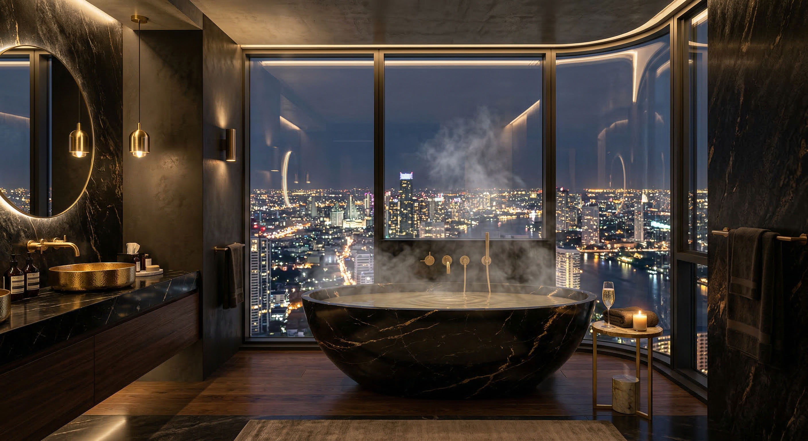 Luxury bathroom with freestanding black marble bathtub and city view