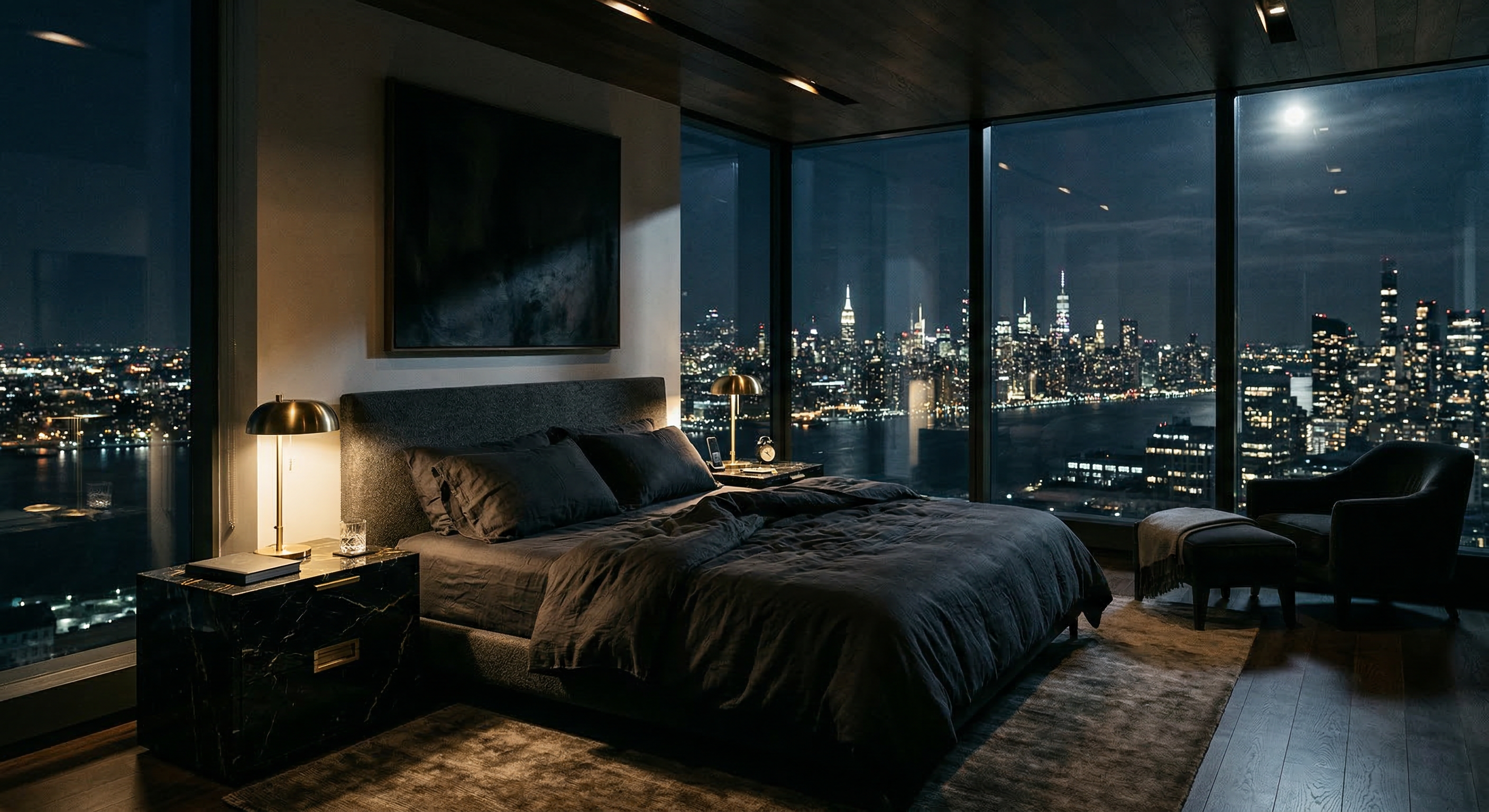 Luxury bedroom with dark linens and city skyline view