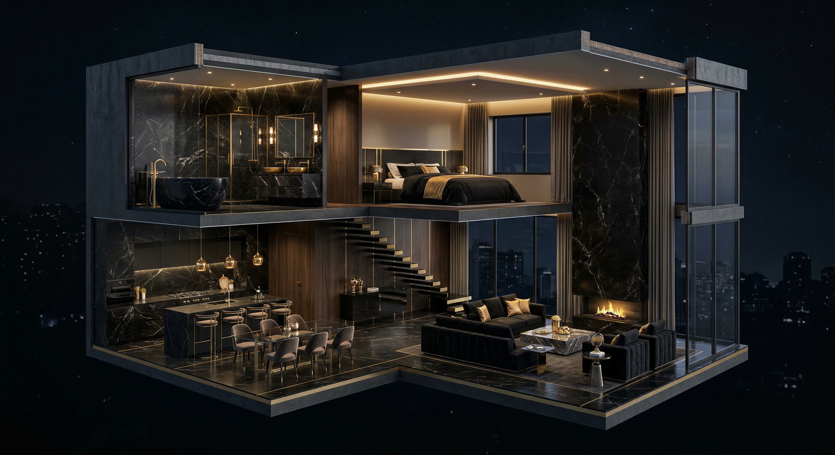 Isometric cutaway render showing all rooms of the two-story penthouse