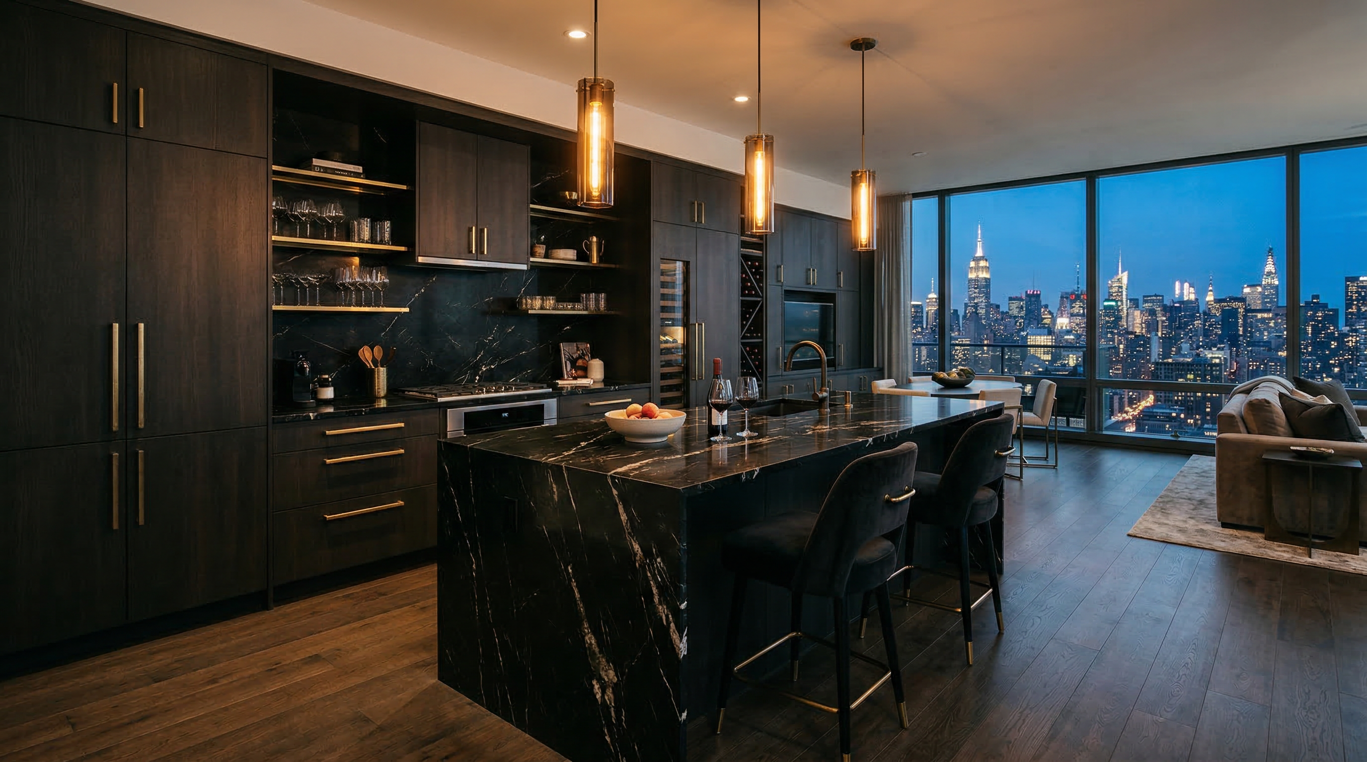 Kitchen with black marble waterfall island and gold pendant lights