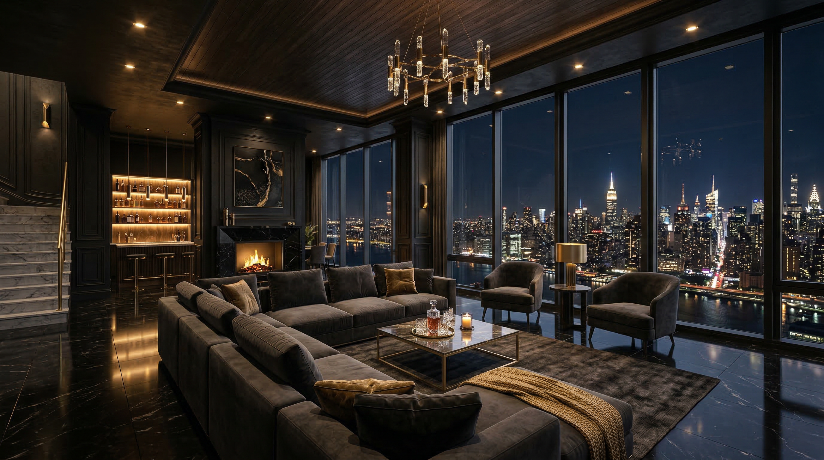Dark luxury living room with charcoal velvet sectional and NYC skyline